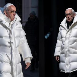 An AI-generated image of the pope wearing an oversized white puffer jacket