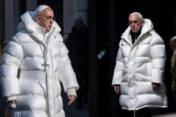 An AI-generated image of the pope wearing an oversized white puffer jacket