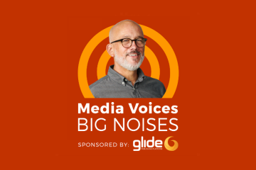Stuart Forrest's headshot superimposed over the Media Voices logo